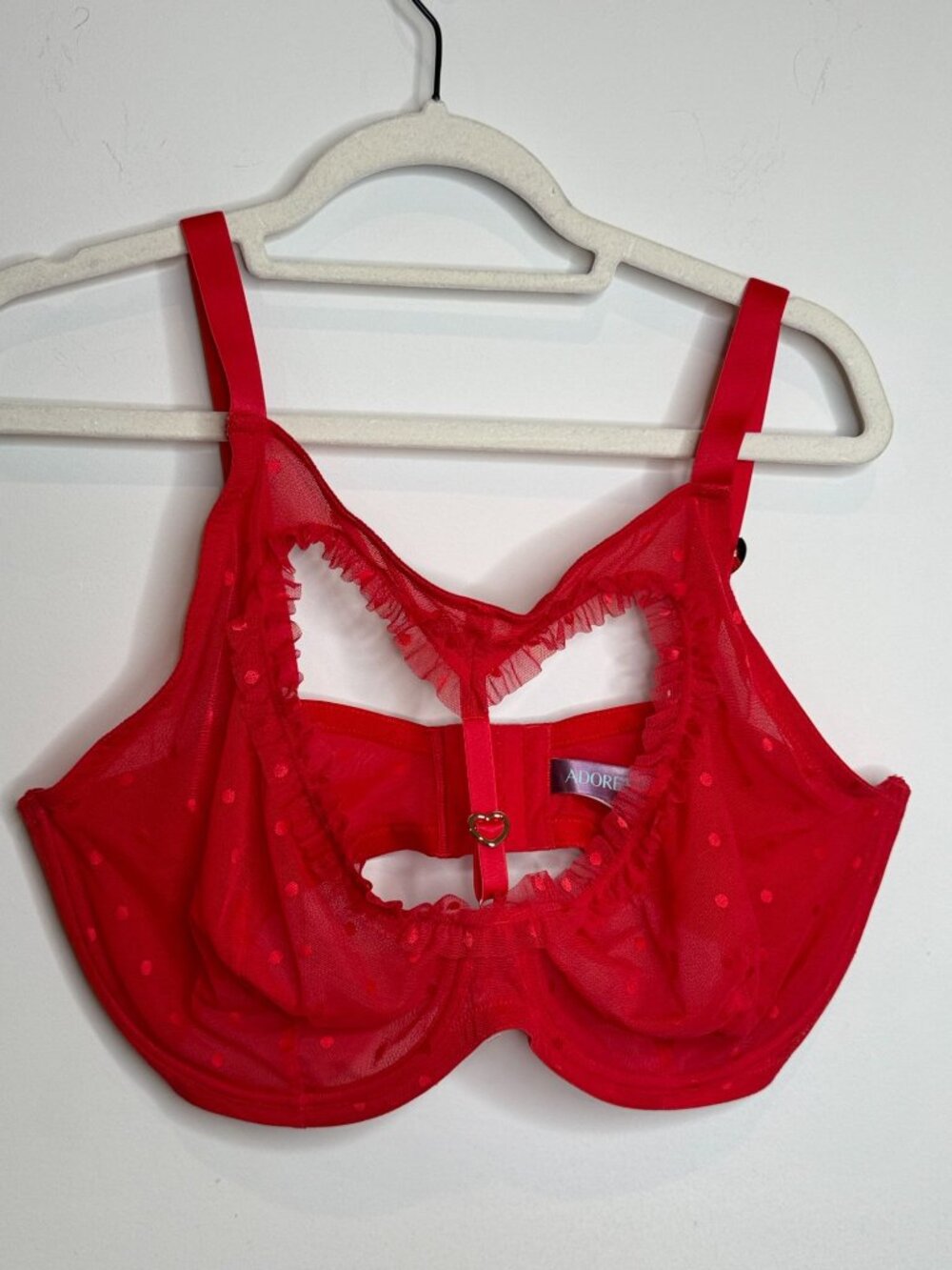 Adore Me 40H Red Sheer Polka Dot Bra Gold Hearts Ruffle